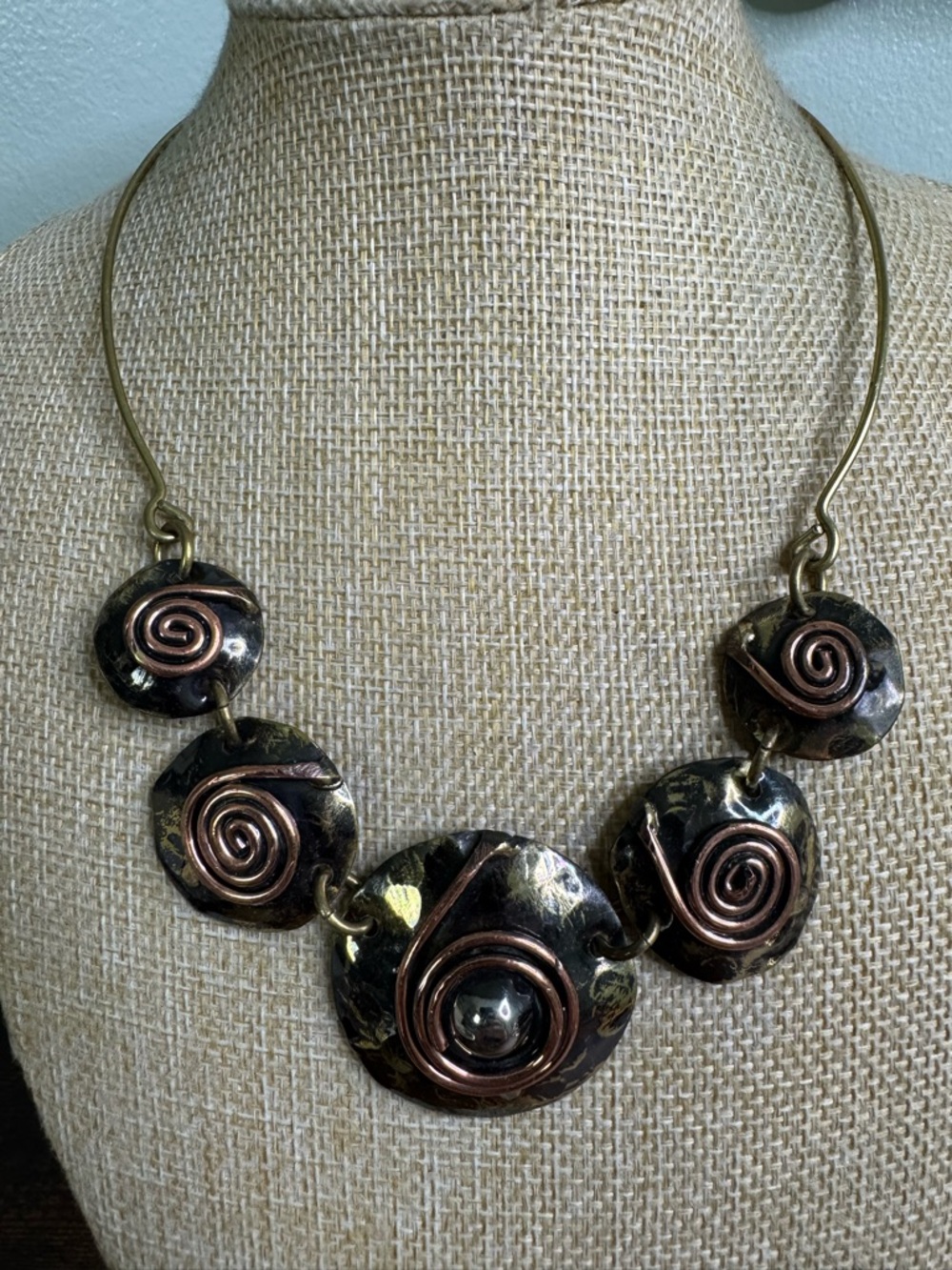 Hand Crafted Mixed-Metal Spiral Disc Necklace - Gold and Copper Tones